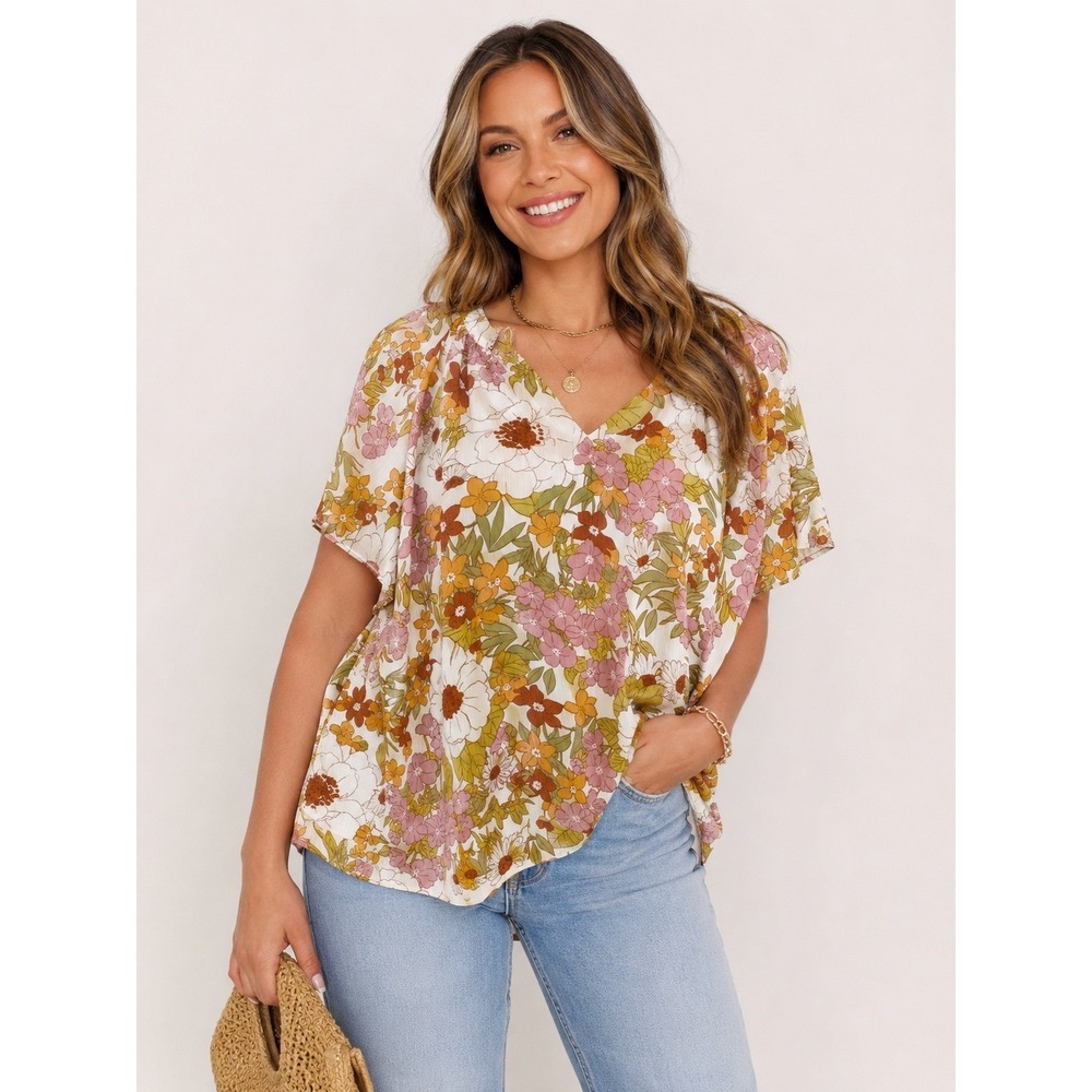 BTFBM Floral Boho Blouse 2XL Cottagecore Retro V Neck‎ Top Spring